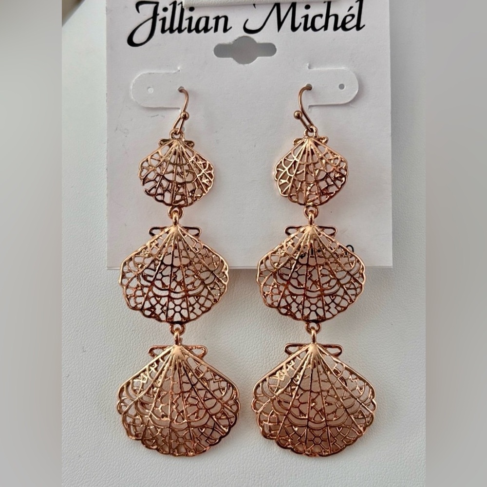 Jillian Michel Triple Conch Shells,Filagree cutout, coppertone,dangle fish hook